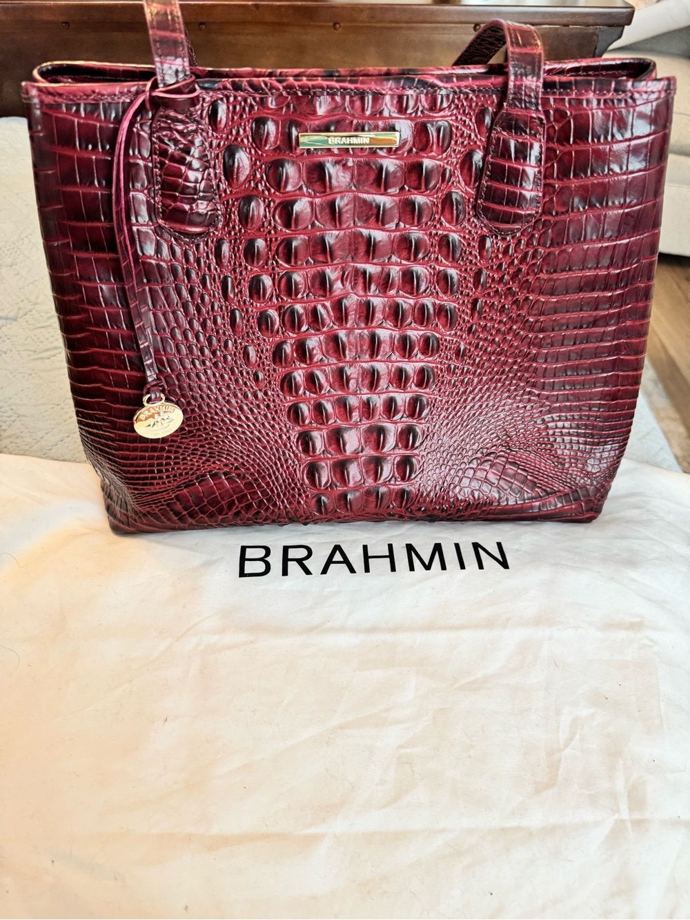 Brahmin Deep Burgundy Croc-Embossed Leather Tote